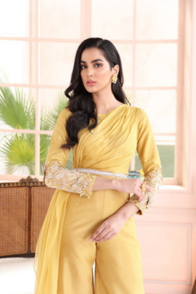 MISHA Mustard Raw Silk Jumpsuit by IMRA SAEED