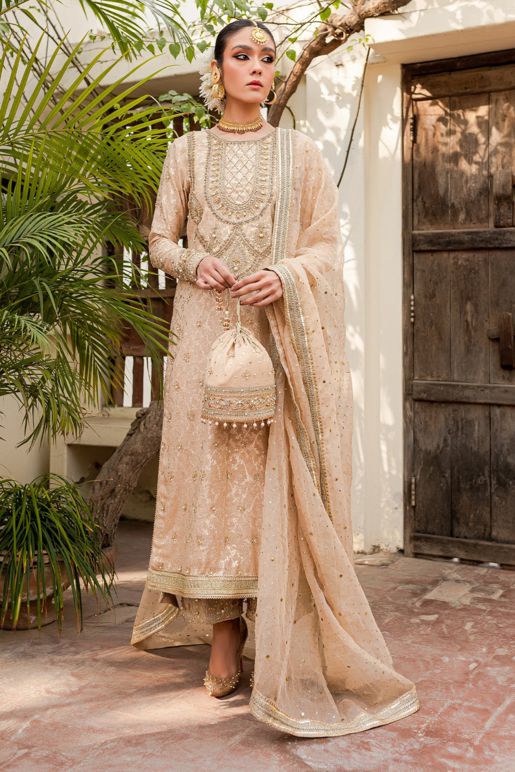 SHAMA Nude Zari Jamawar Handcrafted Details Shirt Set