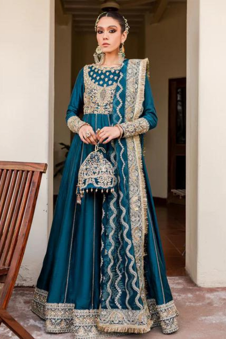 AASRA Teal Korean Silk  Embroidered Elegance Pishwas Set