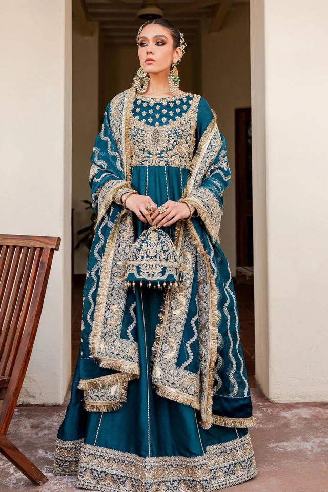 AASRA Teal Korean Silk  Embroidered Elegance Pishwas Set