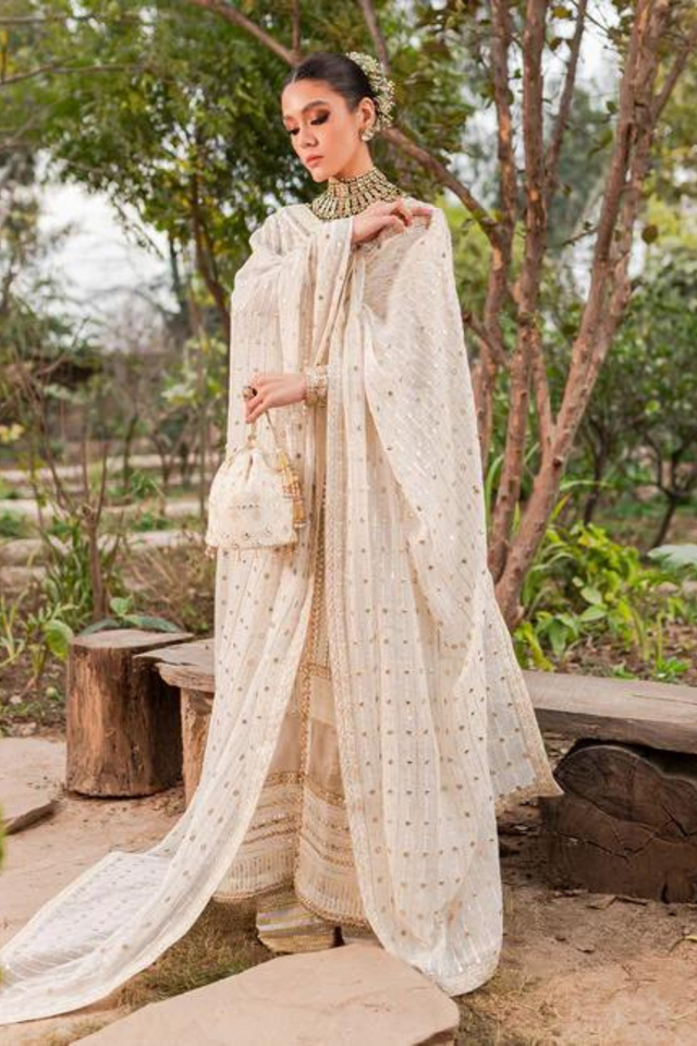 AYNOOR Pearl White Chikankari Gown Set