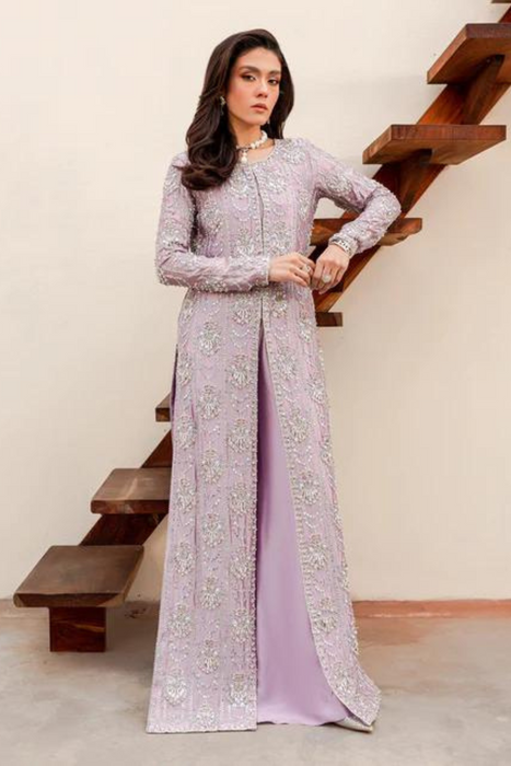 ZOYA Lilac Tissue Silver Tilla Embroidery Silk Gown Set