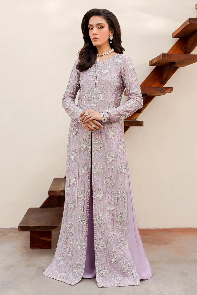 ZOYA Lilac Tissue Silver Tilla Embroidery Silk Gown Set