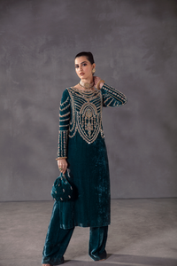 CHRISTINA teal Velvet Suit by Kanwal Malik 