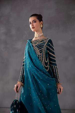 CHRISTINA teal Velvet Suit by Kanwal Malik 