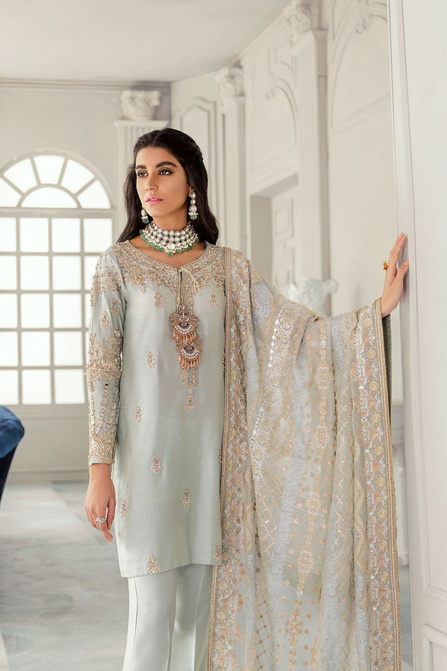 CERELIA Grey Silk Suit by Kanwal Malik