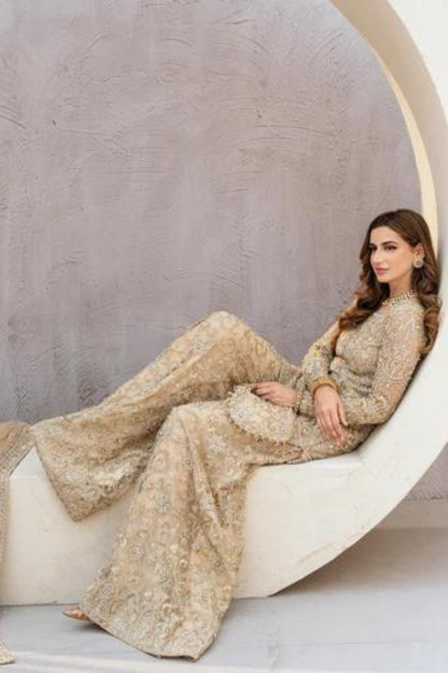 IRENE Nude  Net Sharara Pants by Kanwal Malik Athena Formal Pret. 