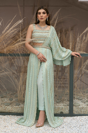 PHOEVO Mint Green Chikankari & Silk Pants set