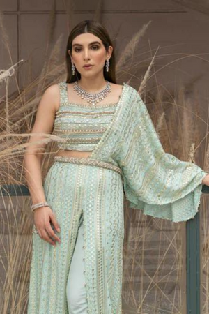 PHOEVO Mint Green Chikankari & Silk Pants set