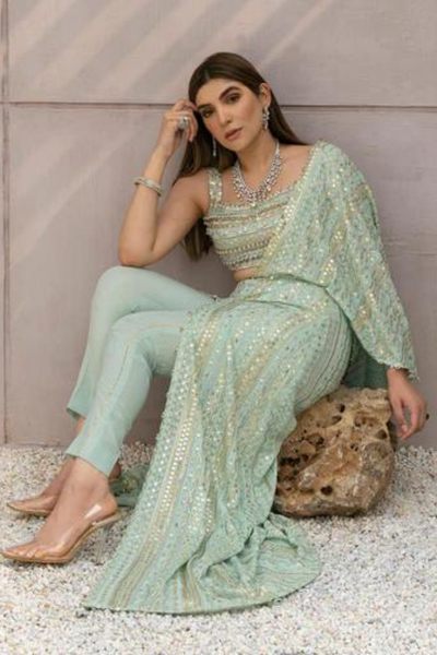 PHOEVO Mint Green Chikankari & Silk Pants set