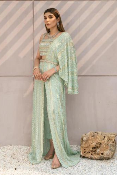 PHOEVO Mint Green Chikankari & Silk Pants set