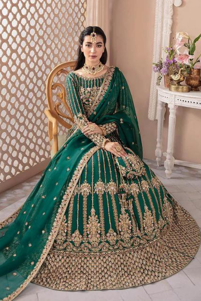 FARIZA Forest Green  Engaging Embellishments Korean Silk Lehnga Set