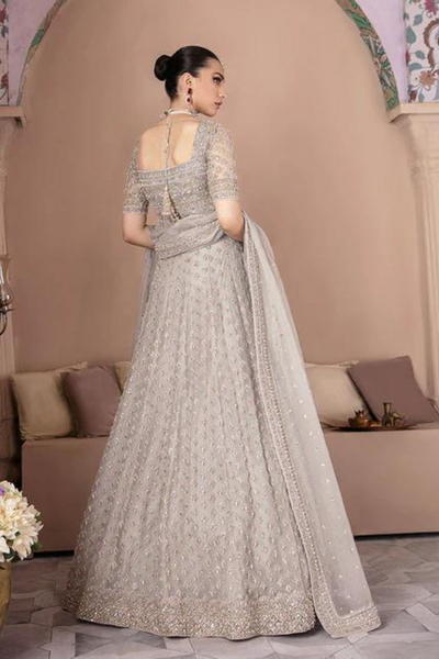 HAYAT Grey Organza Choli & Lehnga with Rose Pink Embellishments Set 