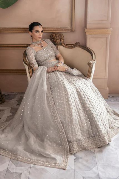 HAYAT Grey Organza Choli & Lehnga with Rose Pink Embellishments Set 