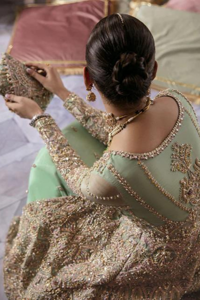MUZHDA Mint Organza Intricate Embellishments Gown & Silk Lehnga Set 