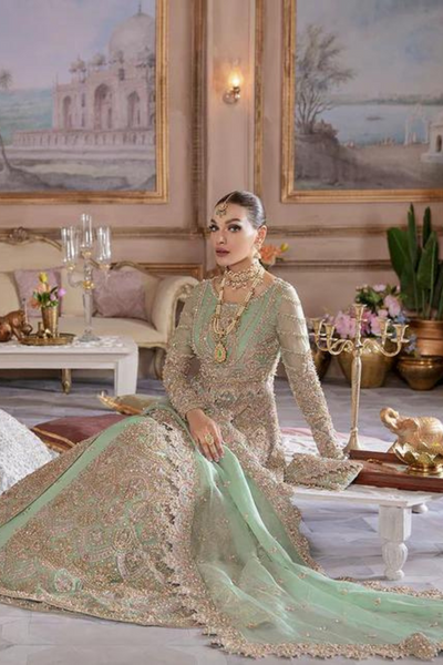 MUZHDA Mint Organza Intricate Embellishments Gown & Silk Lehnga Set 