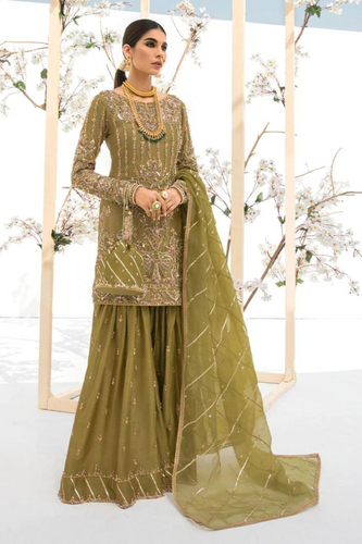 MAHJABEEN Olive Green Korean Silk kurta and gharara set 