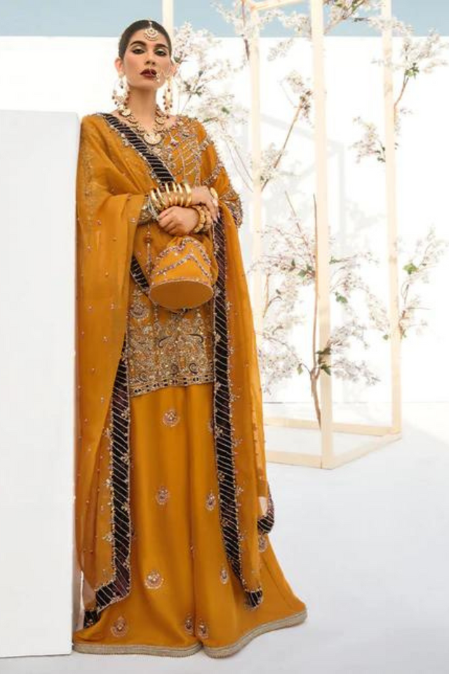 GULKARI Mustard Raw Silk by KANWAL MALIK 'RIWAYAAT' 