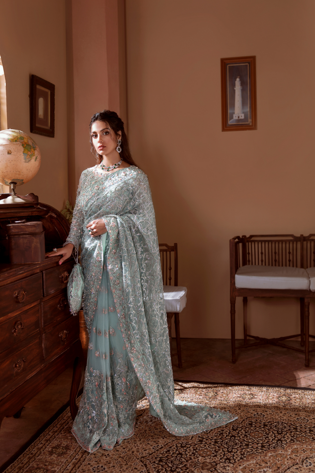 FAREIHA Dusty Mint Blue Hand Embellished Saree 