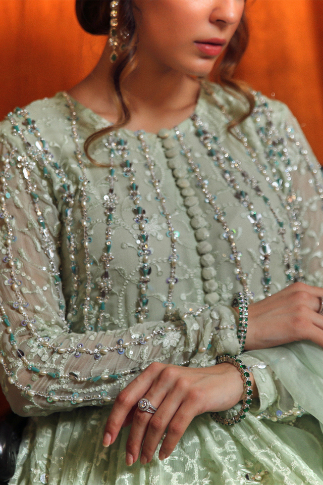 AZEEN gown Sheer Mint Elegance with Embroidery 