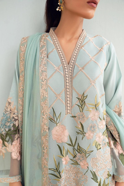FLORAL DESIRE-CYAN Elegant Mahgul Azure Ensemble at Bilal Garment