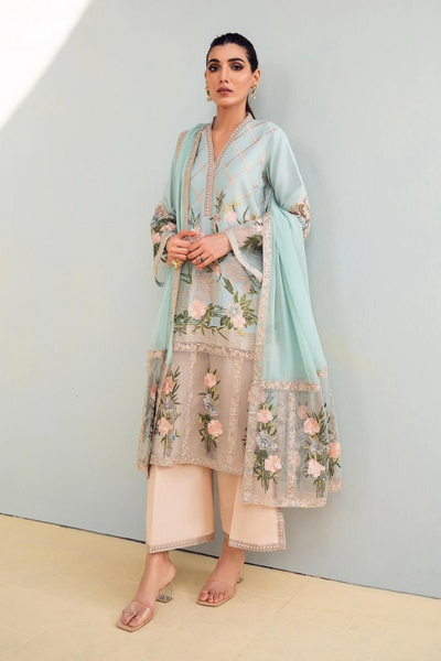 FLORAL DESIRE-CYAN Elegant Mahgul Azure Ensemble at Bilal Garment