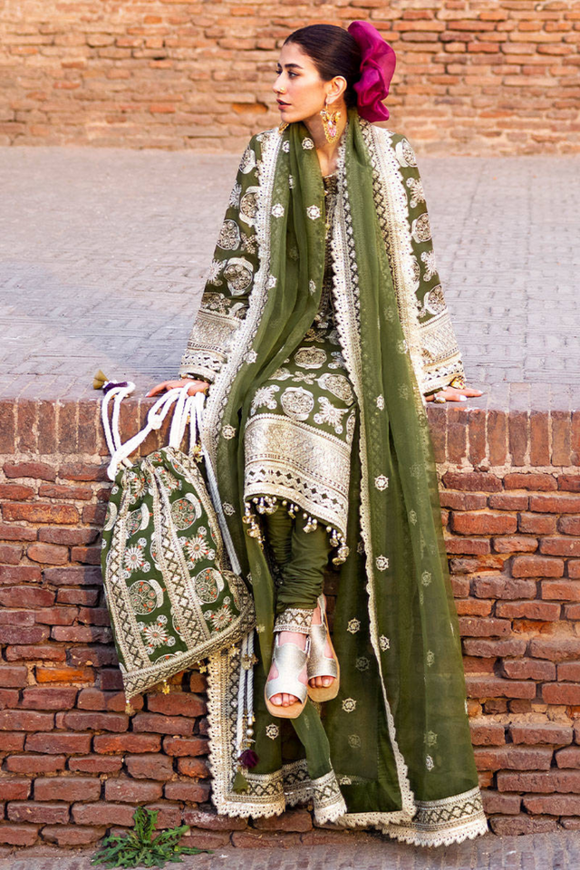 CHAMPA Olive Green Festive Lawn suit