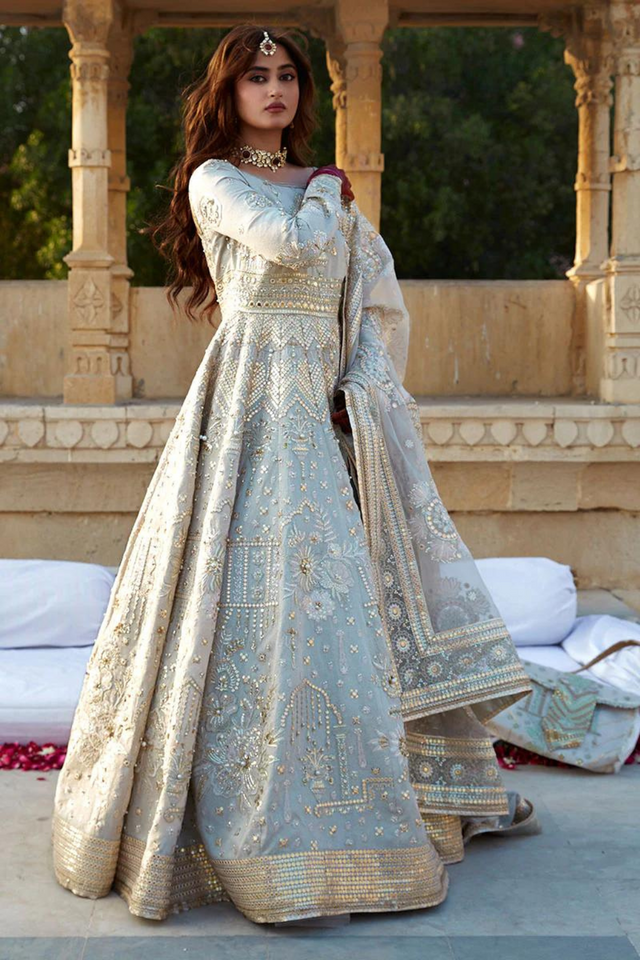 MAHWARI Ivory Karandi Silk Kalidaar dress by Mohsin Naveed Ranjha