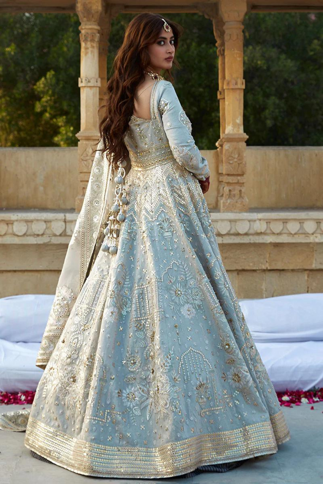 MAHWARI Ivory Karandi Silk Kalidaar dress by Mohsin Naveed Ranjha