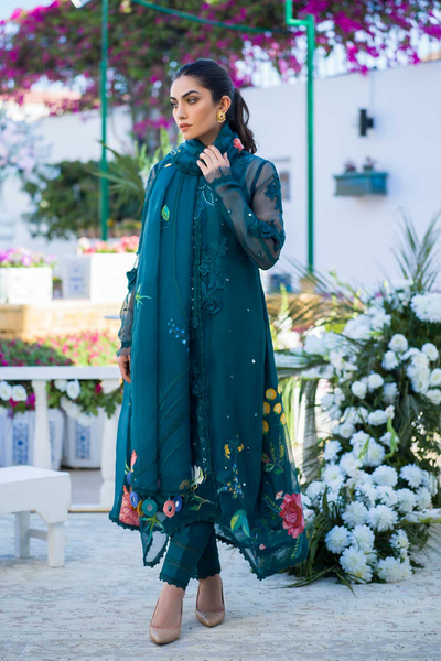 ROYAL ROSE Teal Silk Organza Shirt by Nadia Farooqui 'ZINNIA' Pret