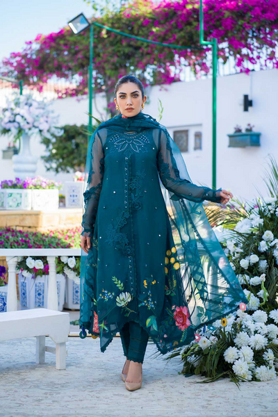 ROYAL ROSE Teal Silk Organza Shirt by Nadia Farooqui 'ZINNIA' Pret
