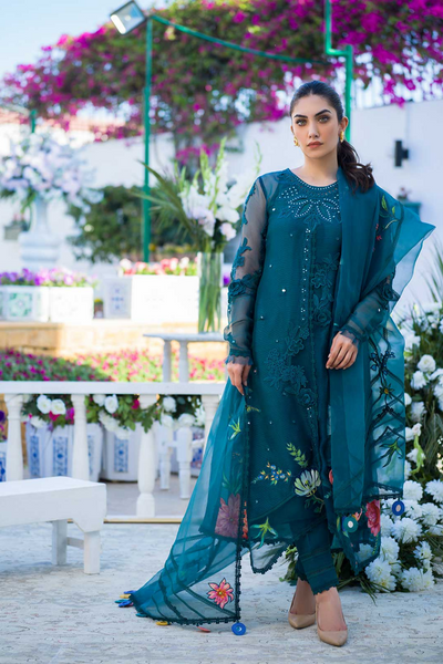 ROYAL ROSE Teal Silk Organza Shirt by Nadia Farooqui 'ZINNIA' Pret