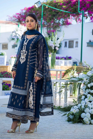 MIDNIGHT MELODY Navy Blue Silk Shirt by  Nadia Farooqui 'ZINNIA' Pret