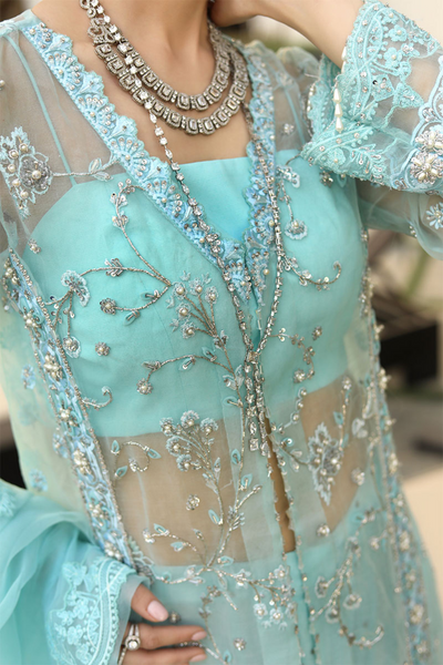 FEROZA  Ice Blue Embroidered Gown Set by  Reema Ahsan LAMHAY 