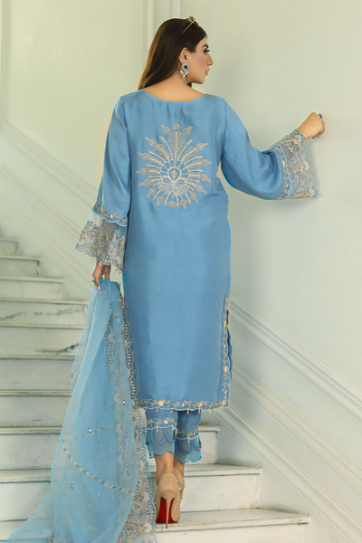 RASHK Teal Blue Embroidered Raw Silk Dress by Reema Ahsan LAMHAY