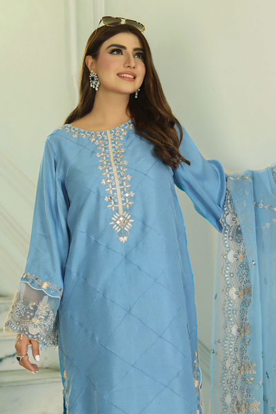RASHK Teal Blue Embroidered Raw Silk Dress by Reema Ahsan LAMHAY