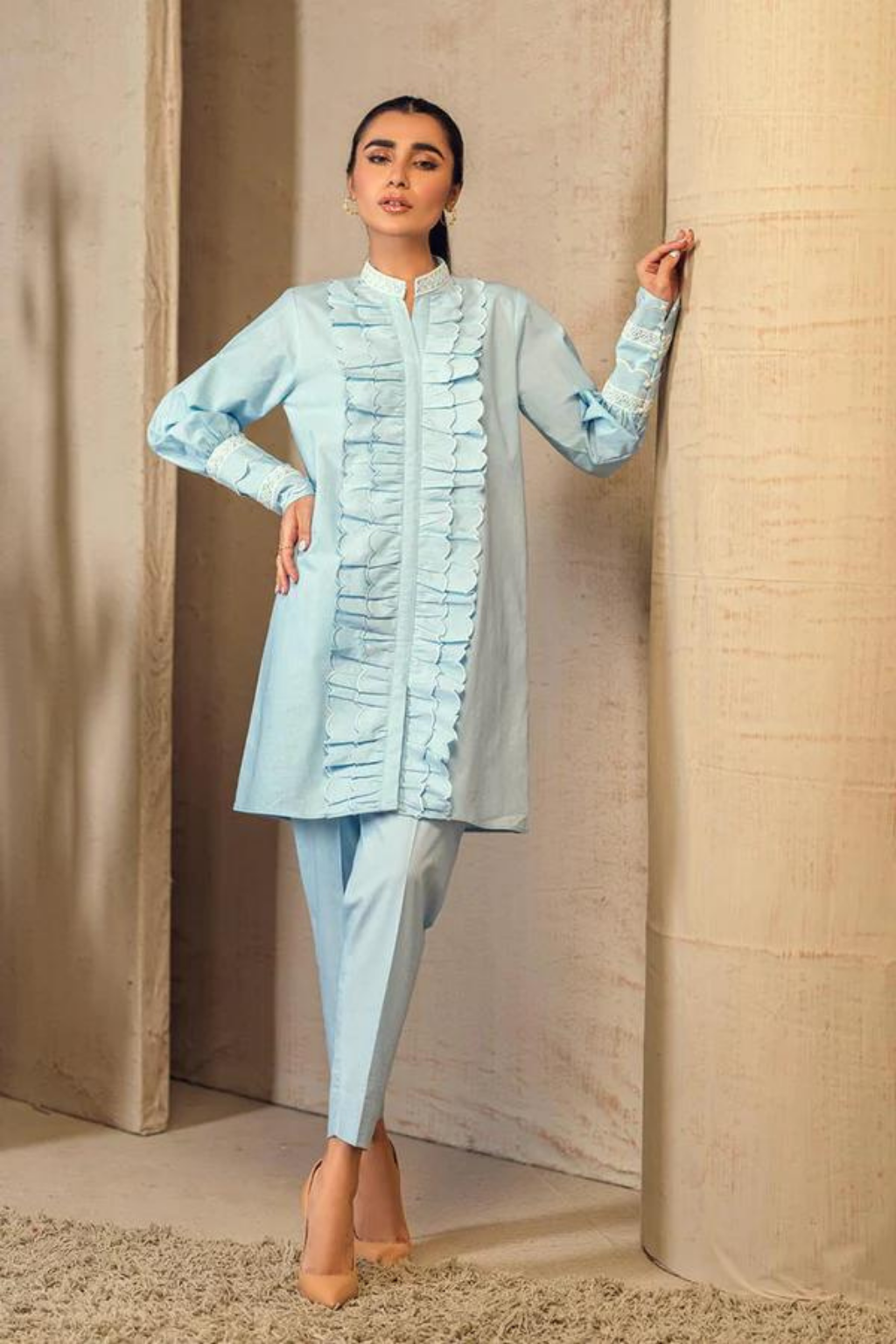 ELSA Heather Blue Cotton Shirt with Scalloped Frill by SANA ABBAS