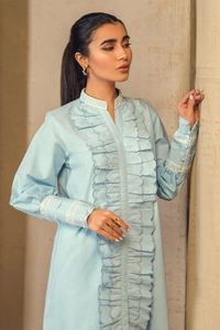 ELSA Heather Blue Cotton Shirt with Scalloped Frill by SANA ABBAS