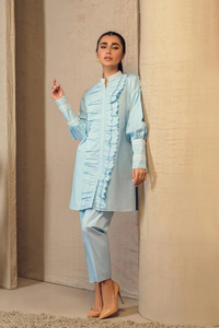 ELSA Heather Blue Cotton Shirt with Scalloped Frill by SANA ABBAS