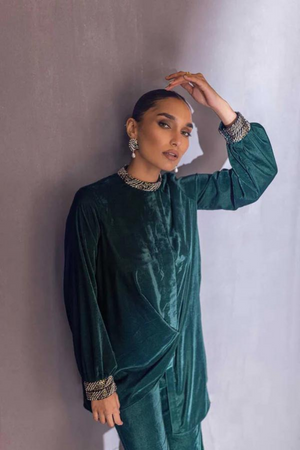 ELSA 2  Emerald Green Velvet Top by SANA ABBAS La Fiesta '22