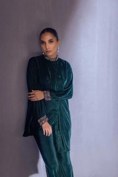 ELSA 2  Emerald Green Velvet Top by SANA ABBAS La Fiesta '22
