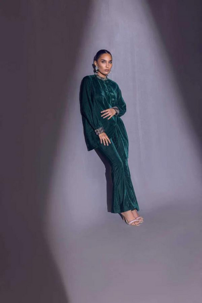 ELSA 2  Emerald Green Velvet Top by SANA ABBAS La Fiesta '22