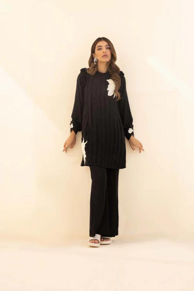 ZELDA Black Pleated with embellished Shirt by Sana Abbas La Fiesta