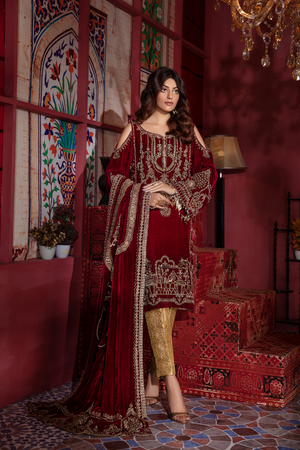 YAQOOT Red Silk Velvet Kurta with Embellished Shawl