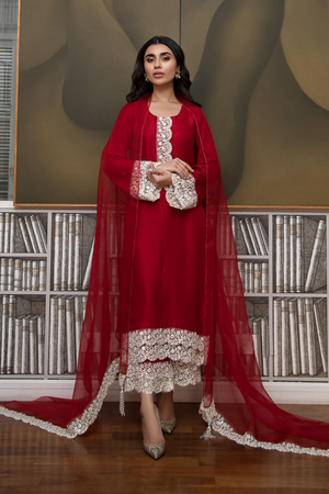 POPPY Red Raw Silk Separates with Organza Dupatta