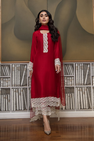 POPPY Red Raw Silk Separates with Organza Dupatta