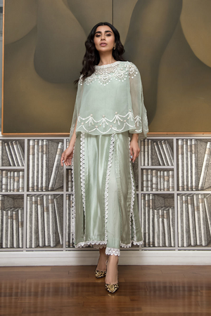 JASMINE Mint Green Silk Shirt with Organza Poncho