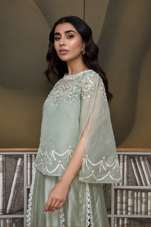 JASMINE Mint Green Silk Shirt with Organza Poncho