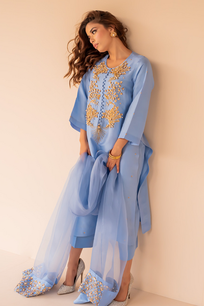 BEVERLY Hand-Embellished Raw Silk Shirt & Pants by SHAZIA RAUF KHAN