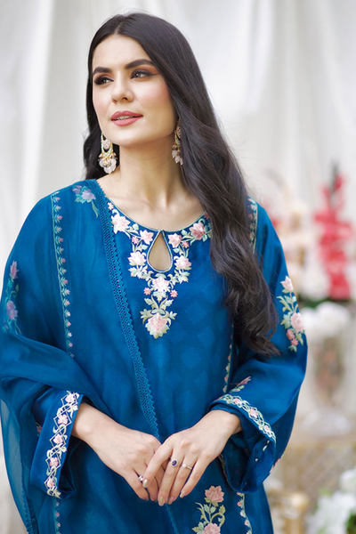 MIDNIGHT GLORY Teal Blue Embroidered Shirt & Pants